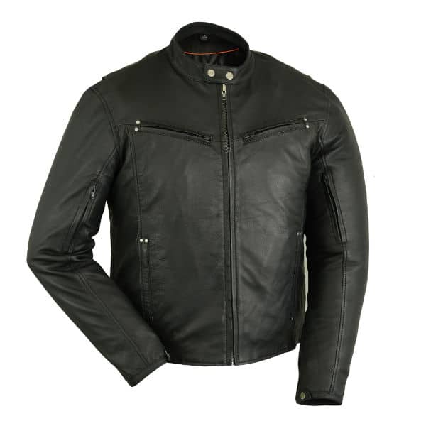 Women's Black Leather Biker Jacket, Grey Horizontal Striped Long